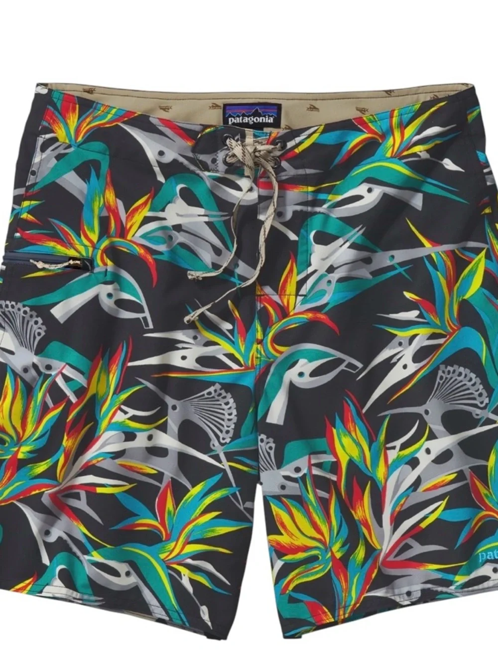 Patagonia Black Tropical Print Wavefarer Board Shorts Swim Shorts size 28